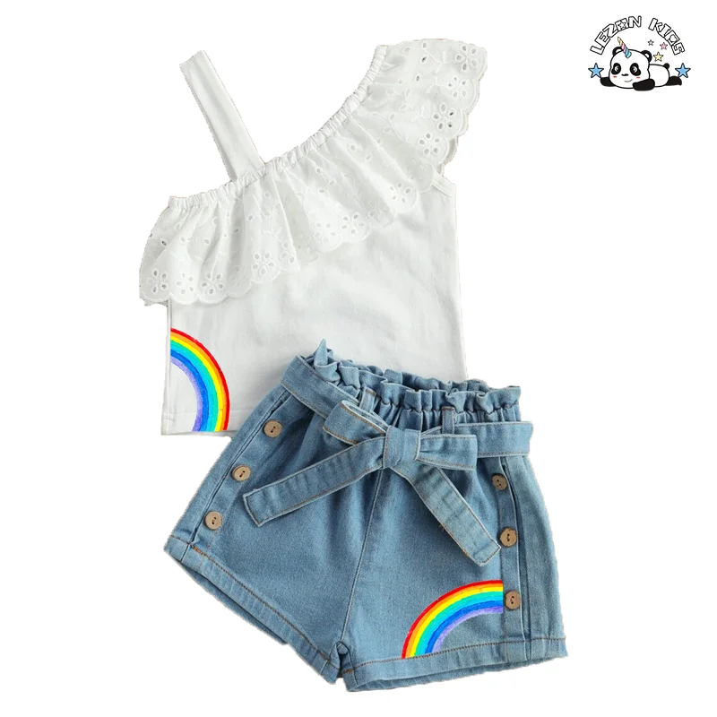 LEZONKIDS - Customizable Latest Design Sleeveless Top Rainbow Printed Denim Short Set Girls Clothing Sets